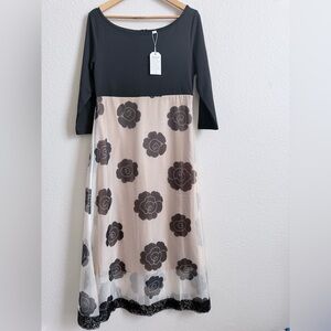 NWT Off-Shoulder Black & Cream Floral Midi Dress | Size L